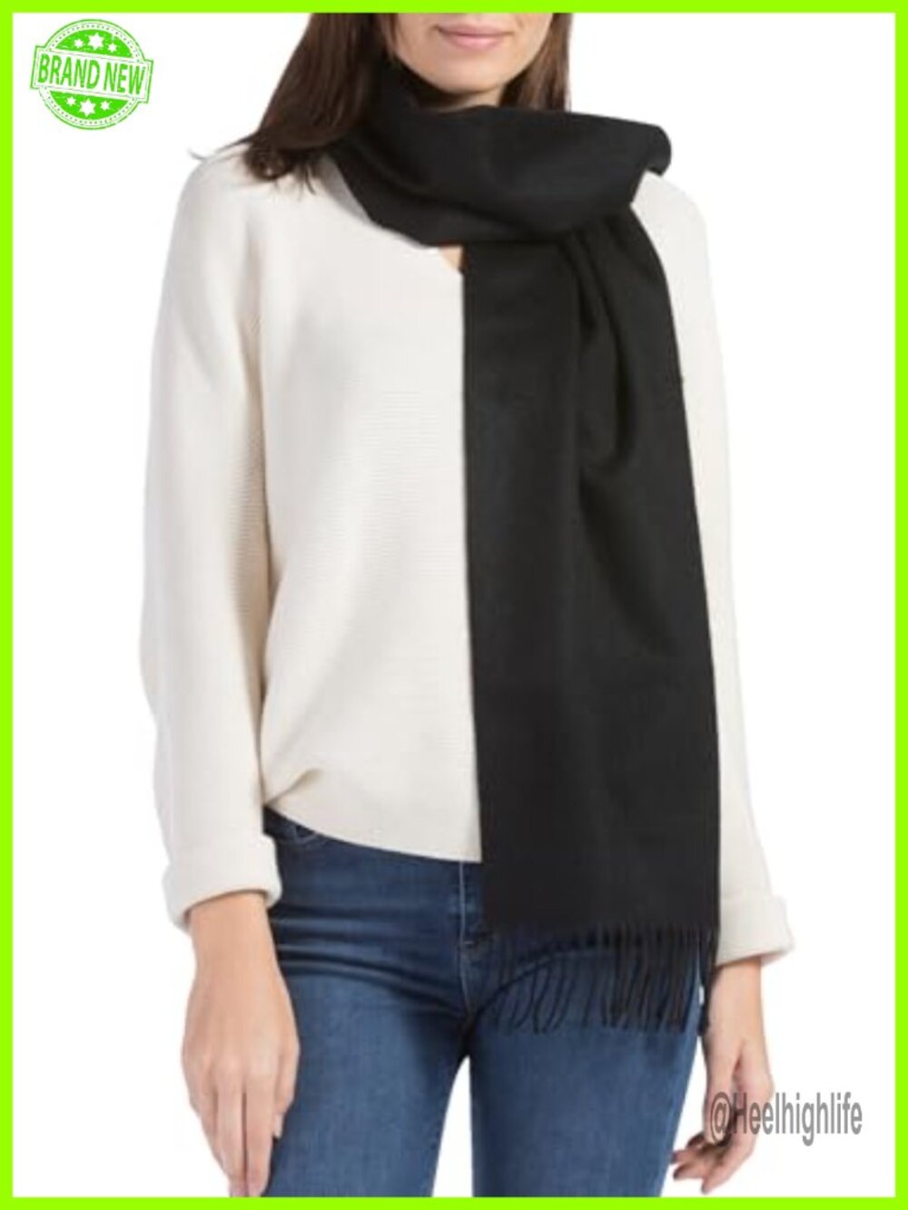 100% Cashmere Winter Scarf Herringbone Fringe 65x12 Cold Weather Wrap